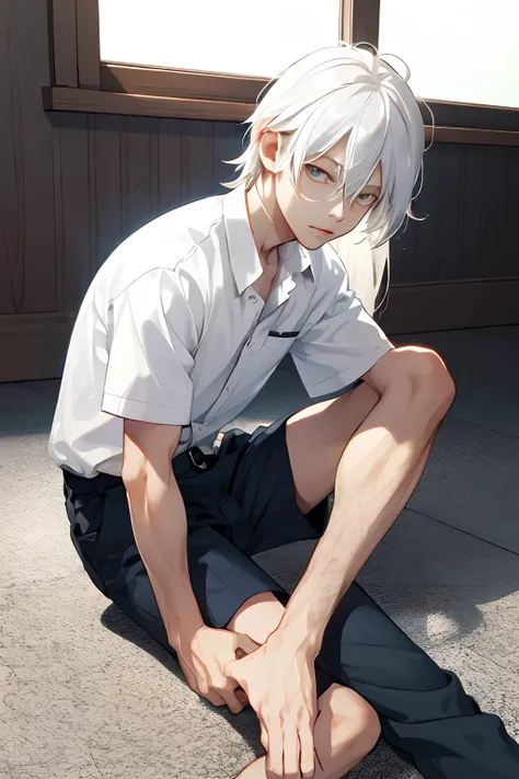 Boy sitting on the floor Illustration Shorts Long Hair White Hair HD Shota Single Shirt Young Loafers Cute