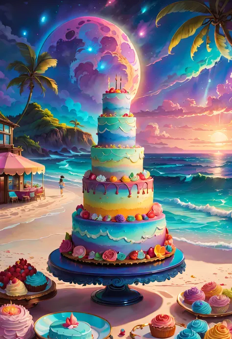 (best quality,8k,highres,masterpiece:1.2),dramatic lighting,bright beach on a stunning cake,full moon,hp Lovecraft style,cute decorations,exquisite,detailed,dramatic lighting,high saturation，，The painting can have a dreamlike tranquil vibe, Soft clouds and...