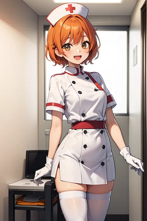 1girl, solo, nurse, nurse cap, white wear, ((white legwear, zettai ryouiki)), white gloves, very short hair, orange hair, smile, open mouth, standing, ((hospital room)), sharp outline, short sleeves, tomboy, boyish, best quality, masterpiece