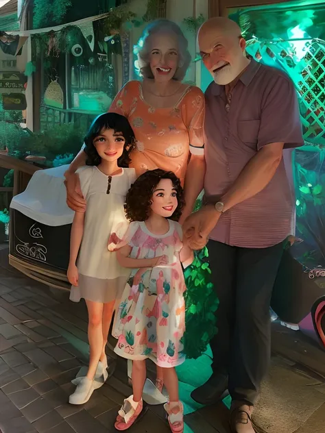 Disney Pixar, Light brunette and white hair grandmother and dark brunette bald grandfather with his two grandchildren A black haired boy is a curly haired redhead girl celebrating birthday