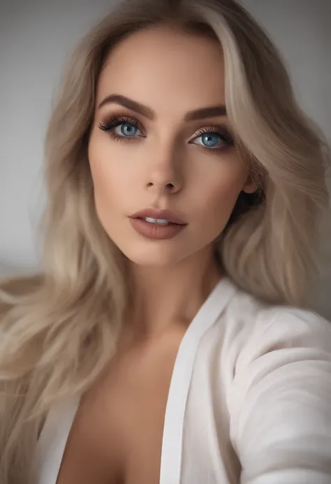 arafed frau voll , Sexy girl with blue eyes, ultra realistisch, Akribisch detailliert, portrait sophie mudd, blonde hair and large eyes, Selfie einer jungen Frau, Augen im Schlafzimmer, Violet Myers, ohne Make-up, Natural makeup, Blick direkt in die Kamera...