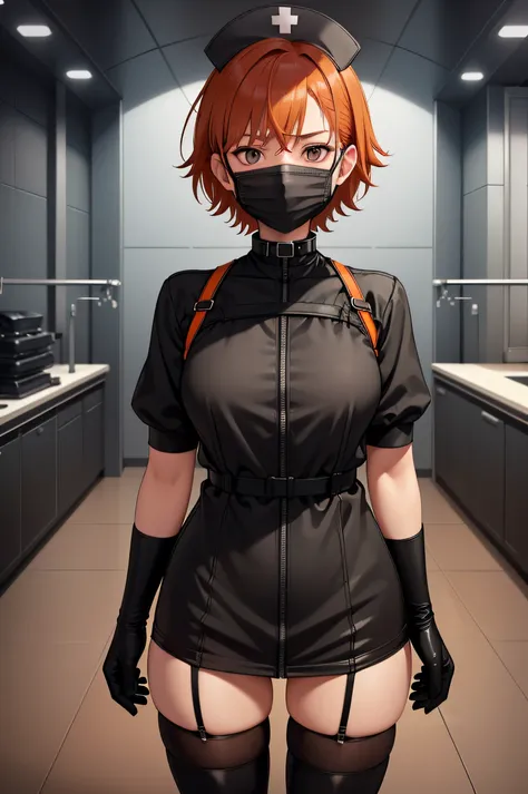 black nurse, 1girl, solo, black nurse cap, black wear, ((black legwear, zettai ryouiki)), black elbow gloves, very short hair, orange hair, ((black surgical mask, covered nose)), standing, ((surgery room)), sharp outline, short sleeves, tomboy, boyish, bes...