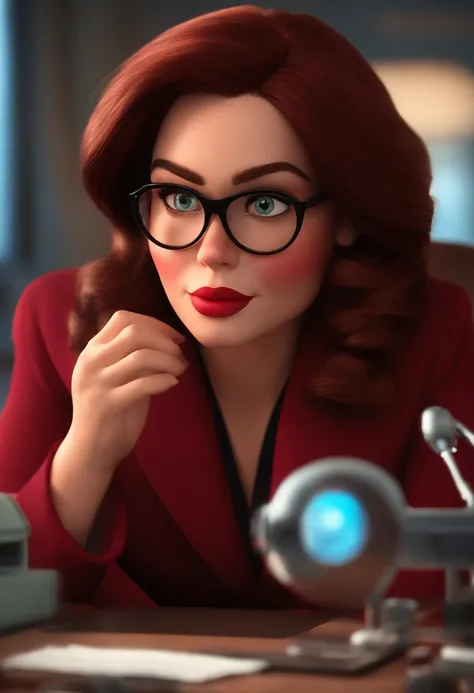 Pixar style image with 3D character glasses red brunette woman medium hair in burgundy coat working in office dentist Disney makeup,Pescador, bonitinho, sorridente ,Close-up, Pixar, Disney, Cinema lighting,