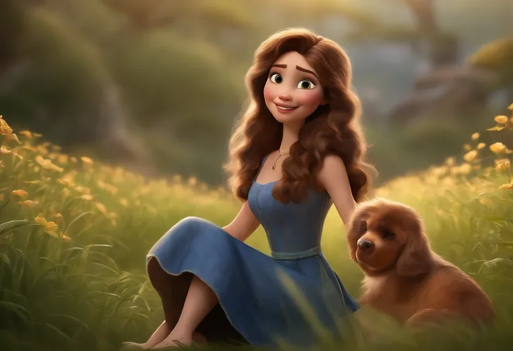 qualidade de imagem do filme，Disney Animation，style of disney animation，Disney film animation，Filmes 3D，China-style，Menina de cabelo comprido gordinho e cachorrinho brincando no campo do campo，long hair and small braids，Denim suspenders，Bare feet，profundid...