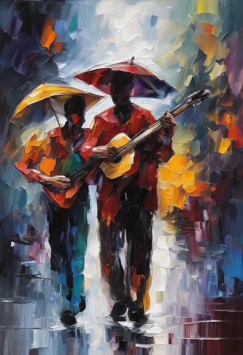 deep in the night, A young man and an older man，Two men carry guitars on their backs，rainy season, Best composition,  Masterpiece oil painting on white background, impasto painting.