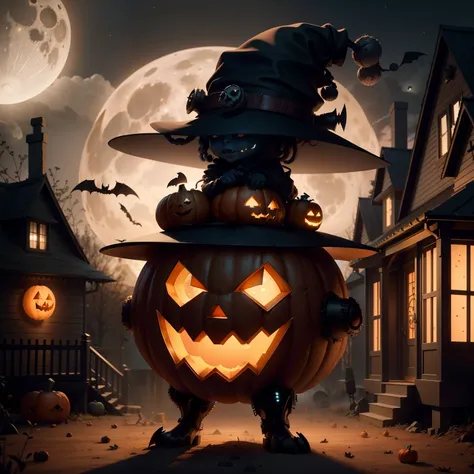 Aliens wearing Halloween hats.，（master-piece，bestquality：1.2），Best Lights，best shadows，Show background, . . . . . . . . . . . . . .bat,full big moon,Old House,pumpkin,stylized 3d render