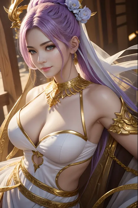 8K、The highest quality of photorealistic RAW photos。1.4)(adult lady<>a person) Super beauty(Lifelike face) Mature woman with purple mohawk、Ethereal、goddes、large full breasts、vivd colour、Gold and White Goddess Costume,white greek peplos、Golden hair、The perf...