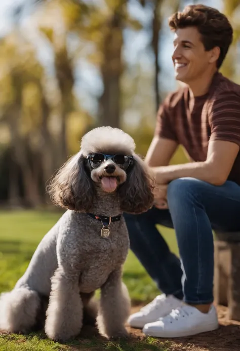 Pixar. Casal com uma cachorra Poodle Toy. A menina tem os cabelos pretos cacheados, Camiseta cinza e jeans claro, black glasses. O menino de cabelos marrons, entradas, com cabelos grisalhos, Dark blue jeans and gray t-shirt. They are both smiling, the girl...