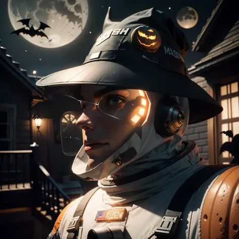 Astronaut wearing Halloween hat，（master-piece，bestquality：1.2），Best Lights，best shadows，Show background, . . . . . . . . . . .bat,full big moon,Old House,stylized 3d render