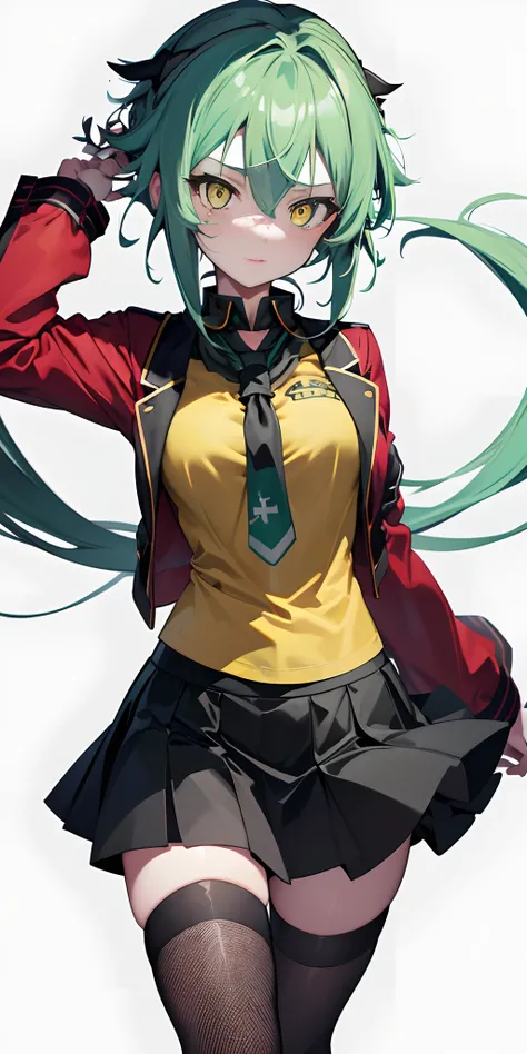 (beste-Qualit, tmasterpiece, 4k), 1girl, 独奏, in full height, Sinon with yellow eyes, wearing a red shirt, black skirt,  black stockings