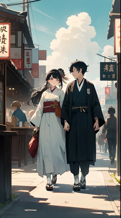 A Japanese style、Ocean wind、Japanese and Western eclectic、Taisho Era、student clothes、In the city with coffee shops and bookstores、Nostalgic、Two men and a woman are walking side by side on an old bicycle、Taisho romance、beautiful blue skies、White and beautif...