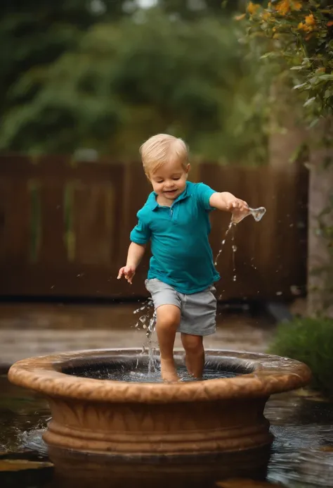 Little boy splashes in bird bath