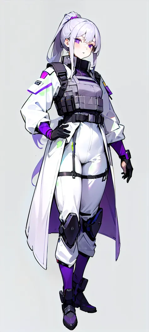 Girl, White Skin Skin, violet eyes, Gray hair tied in a ponytail, White & purple clothing, Spetsnaz pants with small knee pads, Bulletproof vest White coat with collar over clothing, in full height, the pose: Standing, hands on thighs, Concept art, half si...