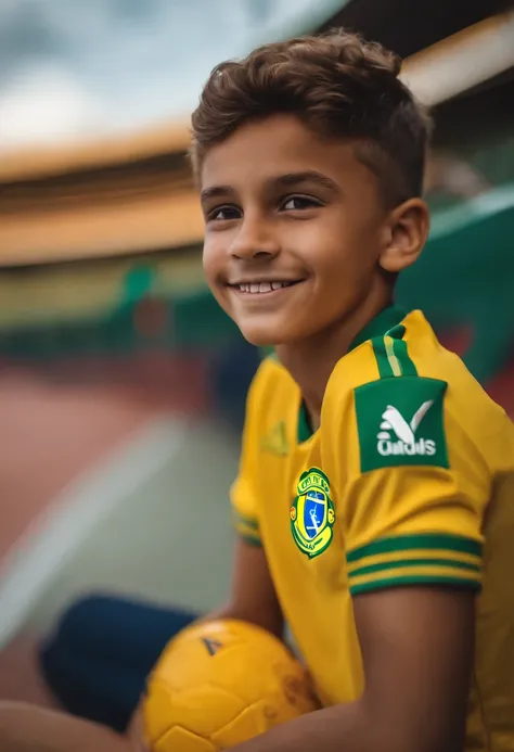 Image of a boy for a story in a YouTube video in Pixar format, hes the little one whos 17 years old and handsome, cheerful, has short hair, hes wearing Neymars Brazil shirt, hes short, hes in front of the soccer field, he looks like Vinicius Junior