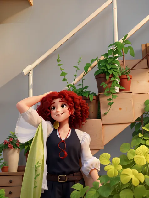 A smiling girl with voluminous curly red hair behind her has a ladder and on both sides there are plants