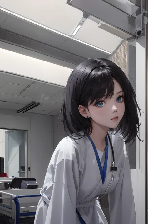 Child; female; medium length black hair; hospital gown; blue eyes; bloody body