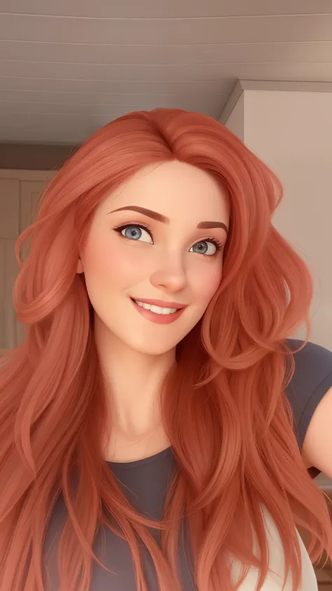 Uma mulher de 30 anos, com cabelos ruivos e volumosos, Rosto redondo, rosto redondo com sorriso encantador, e olhos castanhos, enfermeira , corpo inteiro. Pixar  Disney pixar