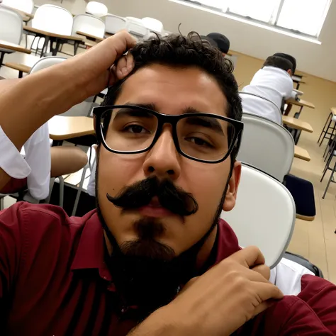 Theres a man with glasses and a mustache in a classroom, with nerdy glasses and goatee, com bigode, with glasses and goatee, com nerd! glasses! e cavanhaque, standing in class, Bigode mexicano, andres rios, Foto realista, sentado na sala de aula, victor ma...