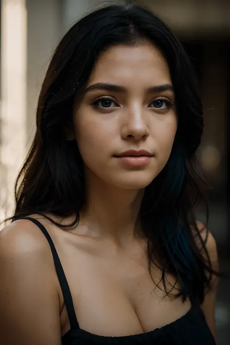 portrait of a woman in Medellin, curly black hair, blue eyes, clear facial features, Cinematic, 18mm lens, f/1.8, accent lighting, global illumination --uplight+