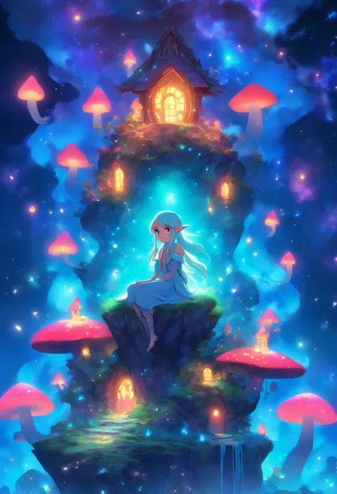 Fantasy elven world,The moon floats high at night,Galaxies are floating high,Meteors flew,Cute elven mushroom house，ighly detailed，trending，Brightly colored young elven woman sitting on a stone