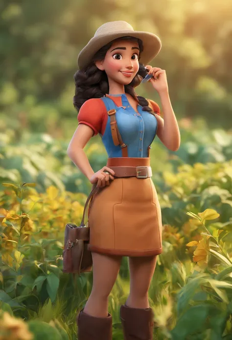 Disney-inspired movie, a girl with long hair, curly in the fields, working as an agronomist, country style, brown eyes, black hair in a boot hat, cell phone, pen and a marking book