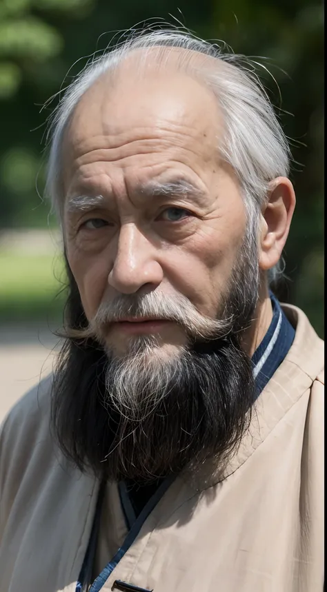 An old man with traditional Chinese thinking，Real frontal photos，Authentic background，The background is nature，worn-out clothing，Face full of wrinkles，80-year-old man，Wise eyes，The beard is white，male people，country style