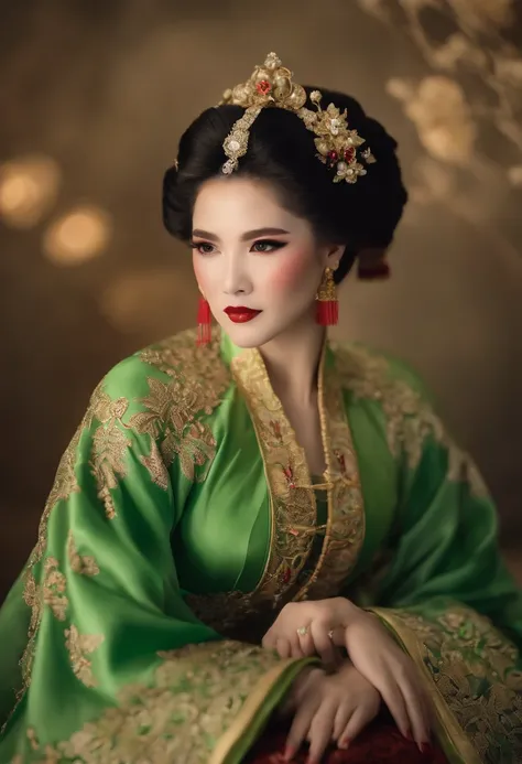 ((corpo inteiro)), SamdoesArts estilo premiado retrato de corpo inteiro de uma mulher bonita, ((rosto feminino perfeito)),((Roupas verdes chinesas antigas)), ((green costumes of Peking Opera)), (mangas compridas) gazebo, Complexo, (belos olhos de detalhe, ...