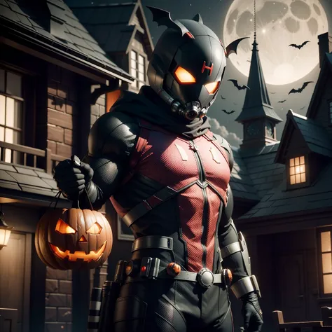 Antman wears a Halloween hat.，（master-piece，bestquality：1.2），Best Lights，best shadows，Show background, . . . . . . . . . . . .bat,full big moon,Old House,stylized 3d render