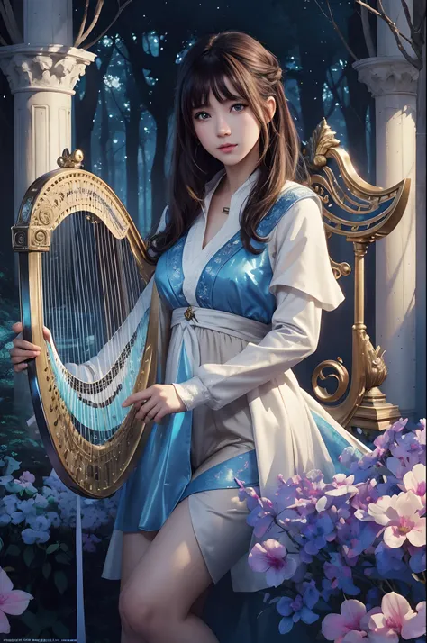 hightquality、8K Ultra HD、fullllbody、A 16-year-old female harpist is playing the harp、robe blanche、light brown hair、Blue eyes、(There is a nice healing forest in the background)、cute little、Beautiful fece、portlate、Morning healing examination、birdie、art by:Al...