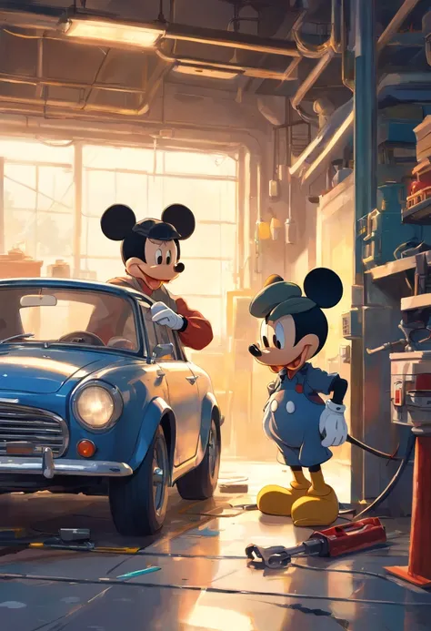 "A masterpiece illustration of Mickey Mouse and Donald Duck as a skilled mechanic repairing a car, With perfect body proportions and an impeccably detailed head, in high definition."