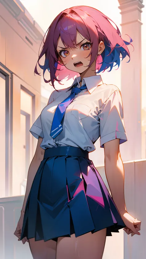 1girl, angry face,open mouth,medium breasts,white shirt,blue skirt,blue tie,dark pink hair,medium hair,brown eyes,cowboy shot,((standing in a school yard))