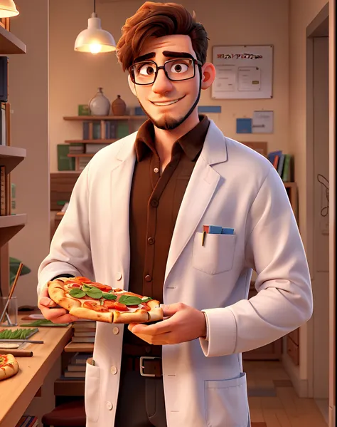 a 23 year old man standing with a short beard, square glasses, with a lab coat and books in one hand while eating pizza with the other