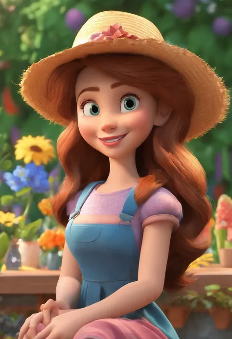 Filme inspirado na Disney, uma menina com cabelo curto, Cacheado nos campos, trabalhando como jardineira, estilo campestre, olhos castanhos, Brown hair in a boot hat, regador, cesta de flores e tesoura