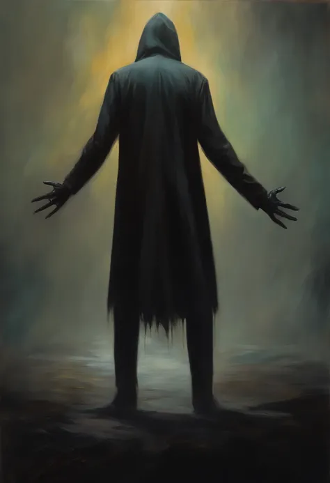 painting of a faceless man, horror, dark colors, creepy,epic scenes ,shock horror art, with elongated arms and legs