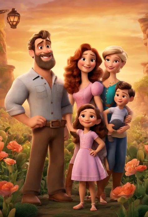 a Disney Pixar movie poster showing a white-skinned family. The father is the tallest, grande porte, Tem barba preta e comprida, moreno, cabelos careca. The mother has dark brown eyes and hair, shoulder-length and is slightly overweight. A menina tem 7 ano...