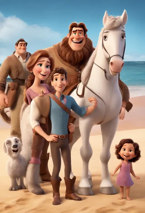 a Disney Pixar movie poster showing a white-skinned family. The father is the tallest, grande porte, Tem barba preta e comprida, moreno, cabelos careca. The mother has dark brown eyes and hair, shoulder-length and is slightly overweight. A menina tem 7 ano...