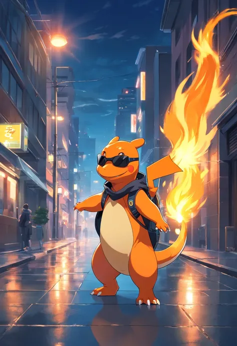 a highly detailed illustration of Pokémon Charmander wearing the iconic black spy suit and a pair of sunglasses, qualidade excepcional, dinamic pose, mischievous expression, urban night scenery, lighting dramatic, estilo de desenho hiper-realista