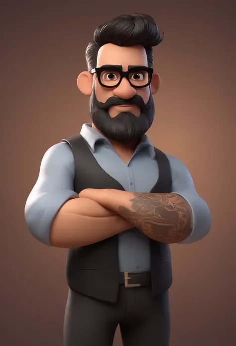 Cartoon character of a man with black glasses and a black polo shirt, cabelo liso, With beard and old school tattoo on his arm, animation character, Caractere estilizado, animation style rendering, 3D estilizado, Arnold Maya render, 3 d render stylized, to...