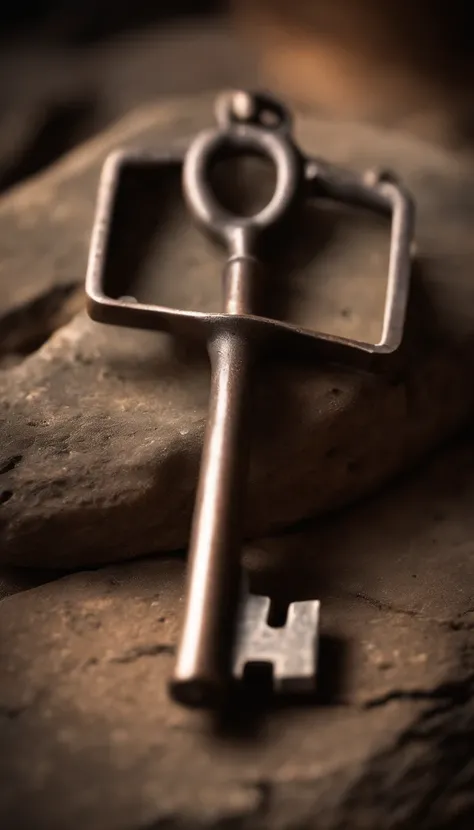 a very old key made by a blacksmith, on a stone.