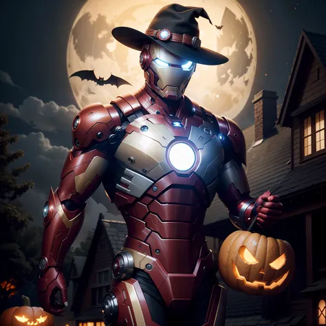 Ironman wears a Halloween hat..，（master-piece，bestquality：1.2），Best Lights，best shadows，Show background, . . . . . . . . . . . . . . .bat,full big moon,Old House,pumpkin,stylized 3d render