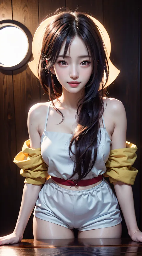 1womanl, 独奏,Mature female，Red bow,Long purple-blue hair，(((having fun,Smile confidently))), Snow-whiteskin, nigth,deep in the night, view the viewer, Light yellow vest，Light yellow shorts，Long hair, clothing cutout，shoulder cutout,Shiny,Angry,Blush,Wooden ...