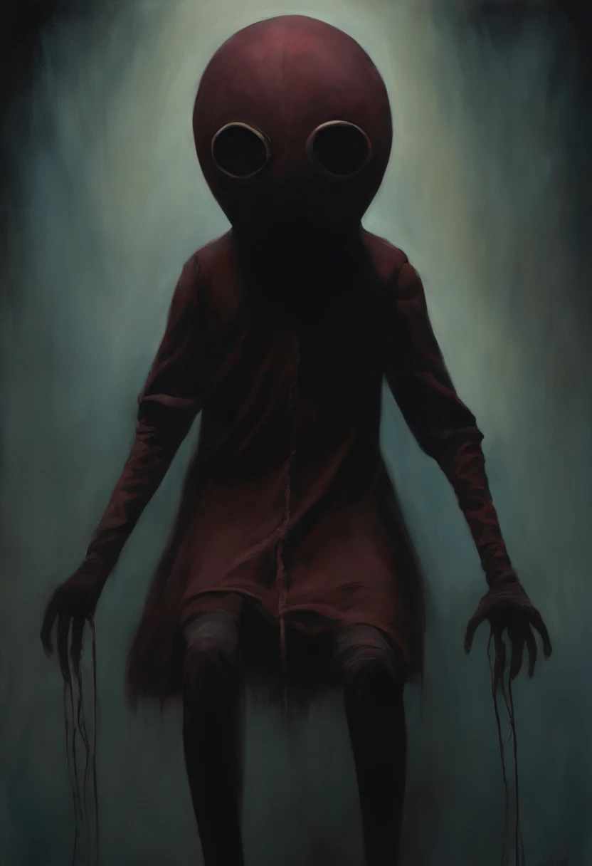 painting of a faceless puppet, horror, dark colors, creepy,epic scenes ,shock horror art, with elongated arms and legs