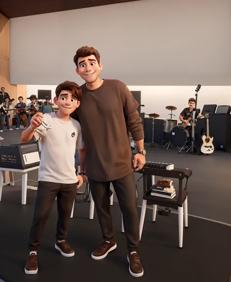 obra-prima, de melhor qualidade, A brown-haired musician, topete grande, playing guitar on the stage, Black shirt and pants and white sneakers,barba rala