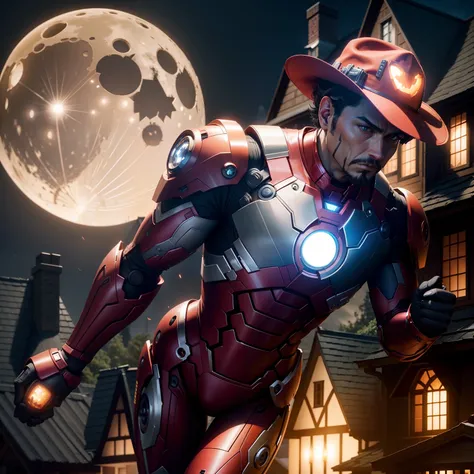 Ironman wears a Halloween hat..，（master-piece，bestquality：1.2），Best Lights，best shadows，Show background, . . . . . . . . . . . . . . .bat,full big moon,Old House,pumpkin,stylized 3d render