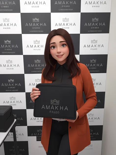 Uma mulher de 18 anos, com longos cabelos castanhos escuros , Rosto redondo, sorriso encantador, e olhos castanhos, In a classroom, studio lighting, sign language interpreter and sign language teacher. Shes wearing black clothes, blouse and black jeans