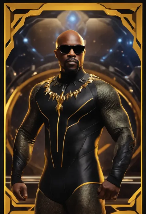 Bald black man with black frame glasses and yellow lens with Black Panther movie outfit and universe background