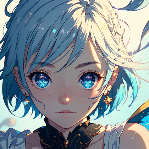 (the Extremely Detailed CG Unity 8K Wallpapers,masutepiece, Best Quality, Ultra-detailed), best illumination and shadow, extremely delicate and beautiful, floating, Blue hair girl in cute pose，short-cut，robe blanche,Its sparkling,Staring into the distance ...