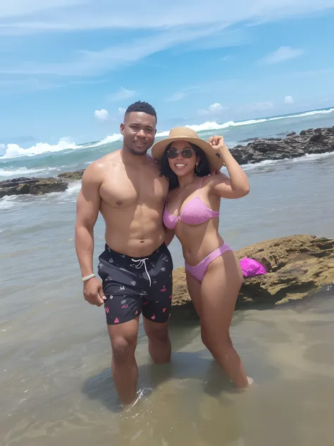 Theres a black man and a black woman standing in the water on the beach, vacation photo, posando em uma praia com o oceano, Tyler Edlin e Natasha Tan, na praia, foto de praia, na praia, em uma praia, divertindo-se, em uma praia tropical, standing near the ...