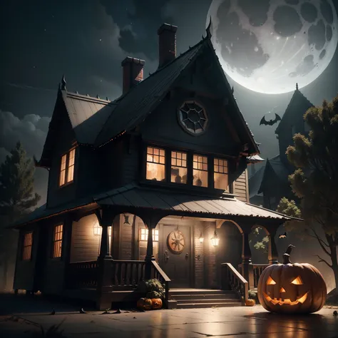 Thor wears a Halloween hat..，（master-piece，bestquality：1.2），Best Lights，best shadows，Show background, . . . . . . . . . . . . .bat,full big moon,Old House,stylized 3d render