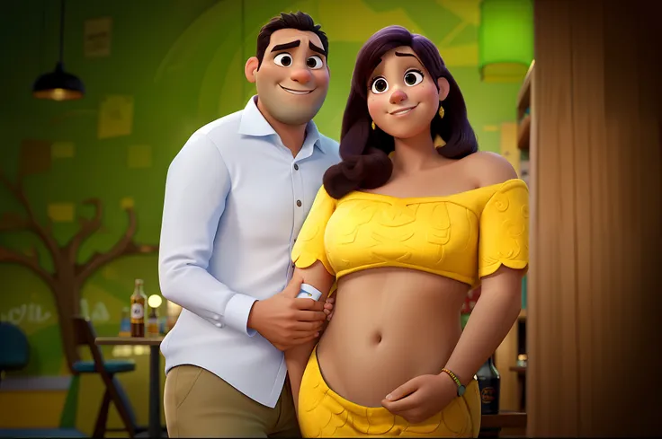 Criar foto estilo Pixar, casal em um bar